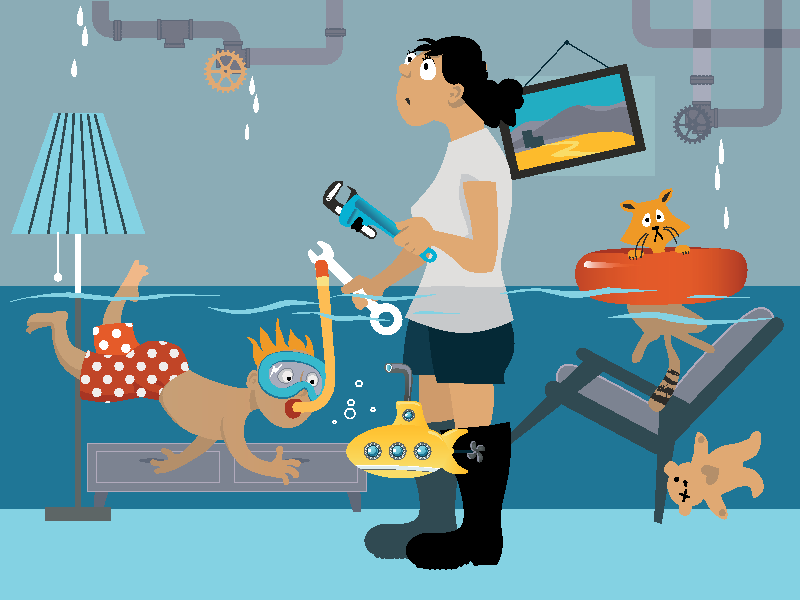 flooded basement child snorkling fixing kitchen sink